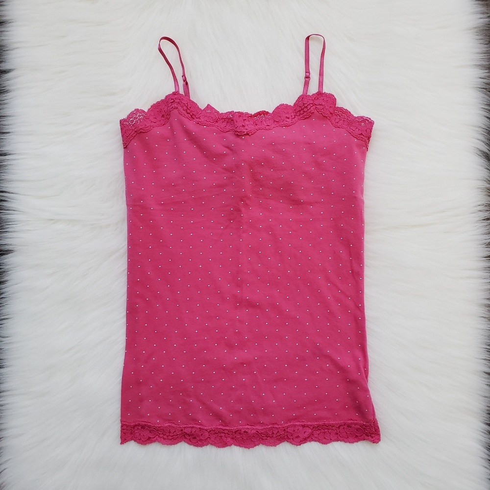 💕Aéro Hot Pink Stretch Polkadot S Lace Trim Cami